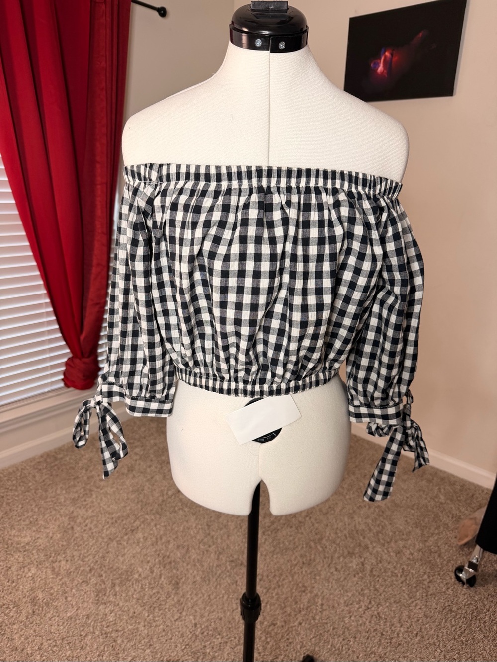Vintage Black and White Gingham Off-Shoulder Crop Top